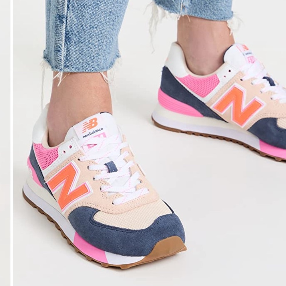 New Balance 574 Sneakers, size 8, indigo/pink/orange, barely worn!